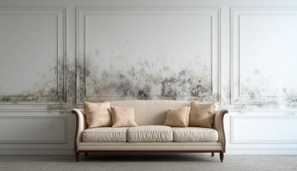 Beige sofa with four cushions in front of a white wall stained with black mold.