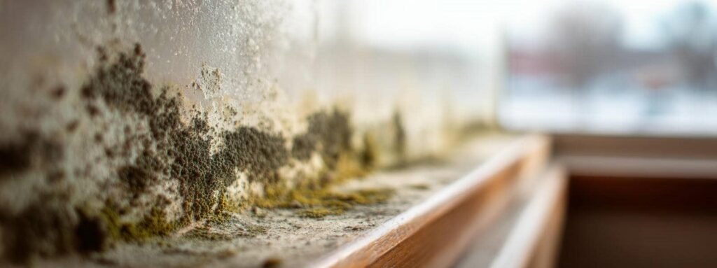Mold growing on a damp windowsill with a blurred outdoor background.