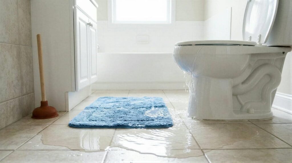 Water leaking from a toilet onto a tiled bathroom floor with a blue bath mat and a plunger nearby.