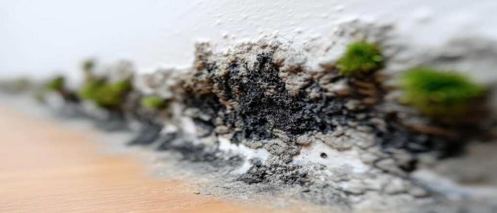 Black mold and green moss growing on a white wall near a wooden surface.