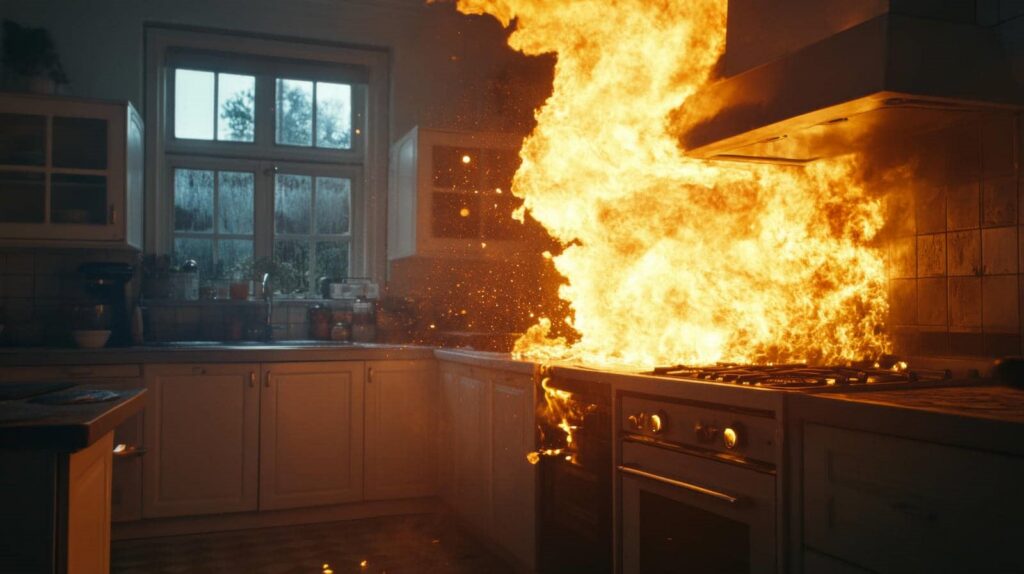 Kitchen stove engulfed in large flames and fire spreading inside the oven.