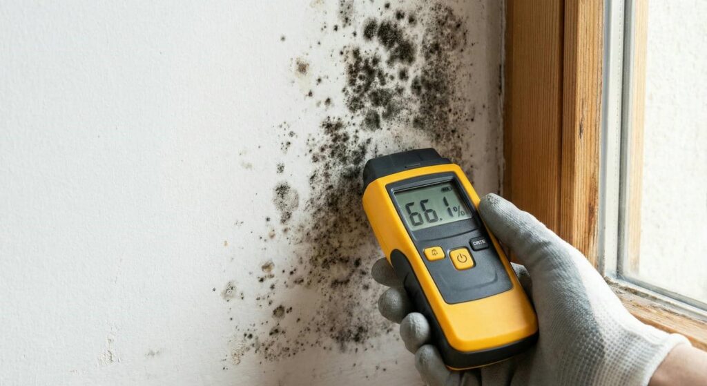Hand in glove holding a moisture meter showing 66.1% near mold on a wall by a window.