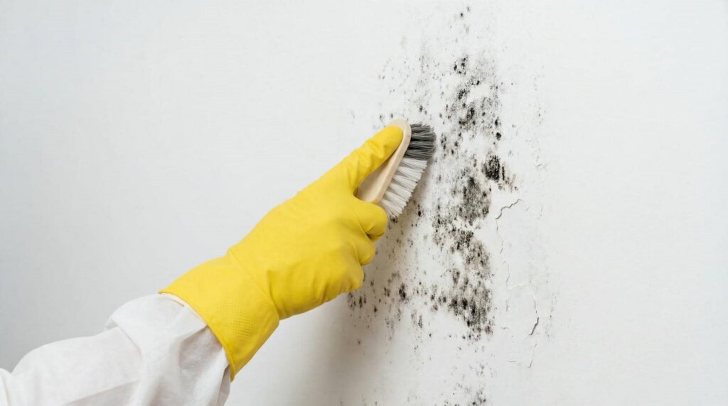 Hand in yellow glove scrubbing black mold off a white wall with a brush.