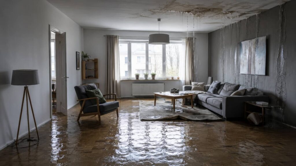 Flooded living room with water damage on ceiling and floor.