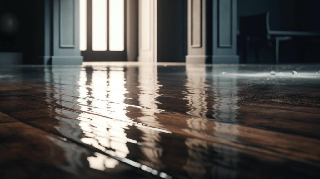 Water pooling on a shiny wooden floor reflecting light from a doorway in a dimly lit room.