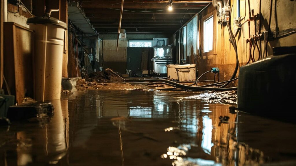 Flooded basement with water covering the floor and various pipes and equipment visible.