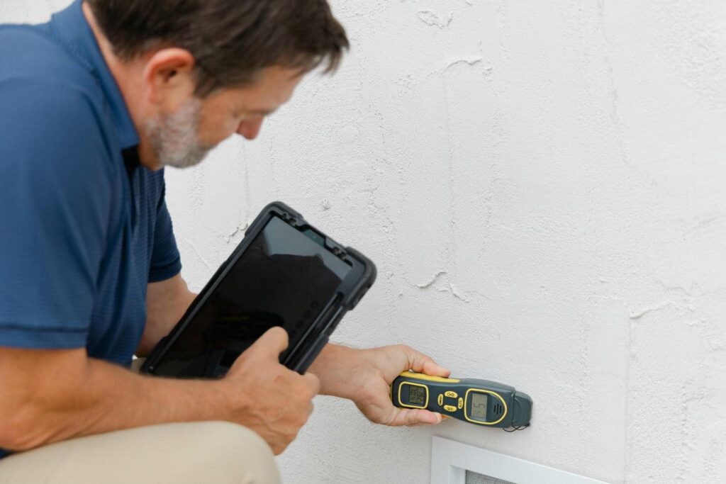 Man using a moisture meter on a white textured wall while holding a tablet.