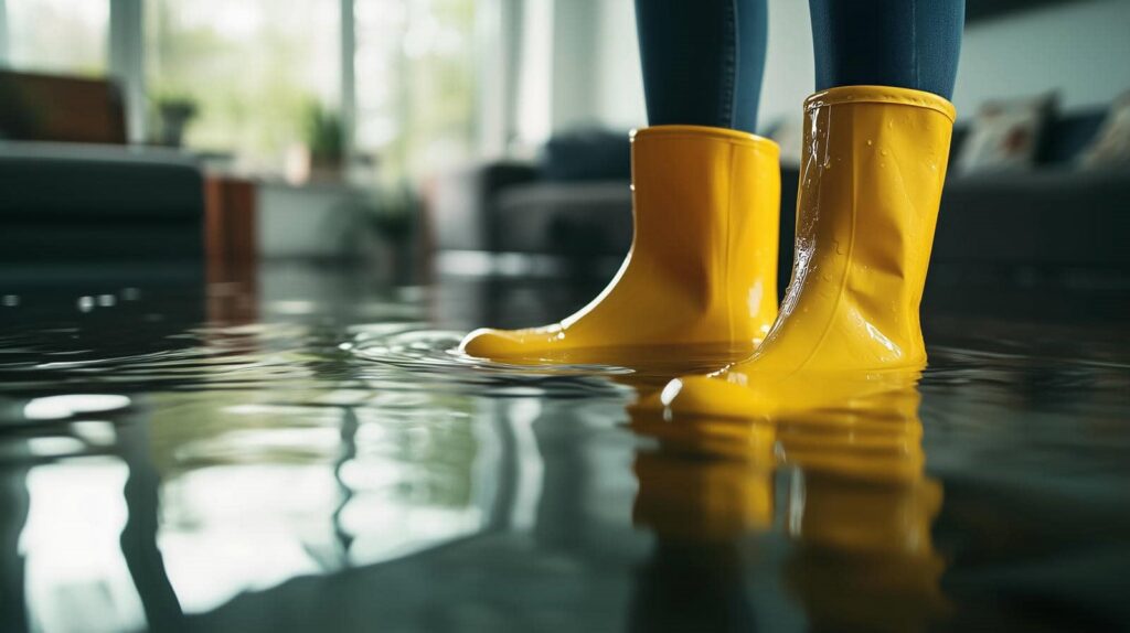 Person wearing yellow rain boots standing in a flooded indoor room.