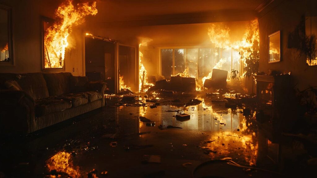 Living room engulfed in flames with burning furniture and fire reflecting on the floor.