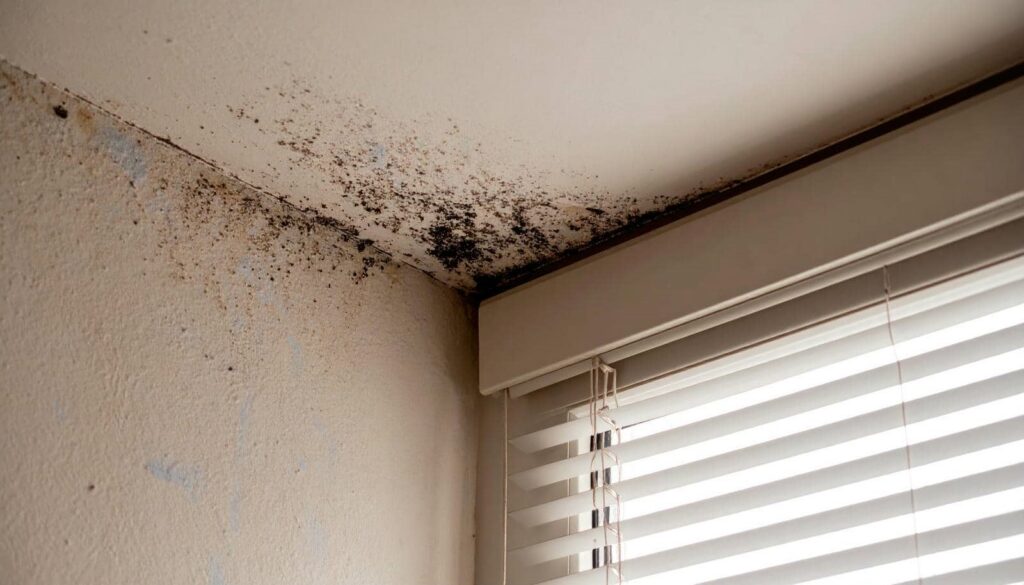 Black mold growing on the corner of a ceiling and wall near a window with blinds.