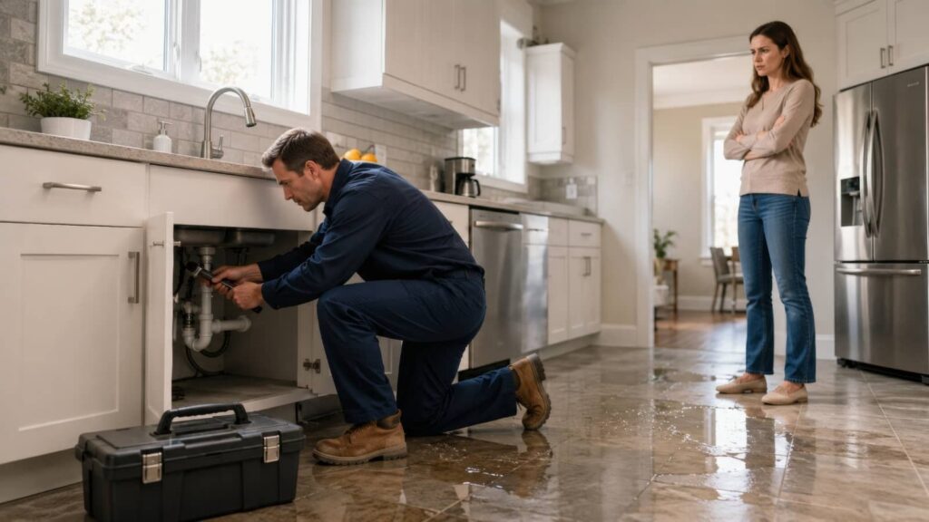 Plumber repairs a leak under a kitchen sink while a woman watches.