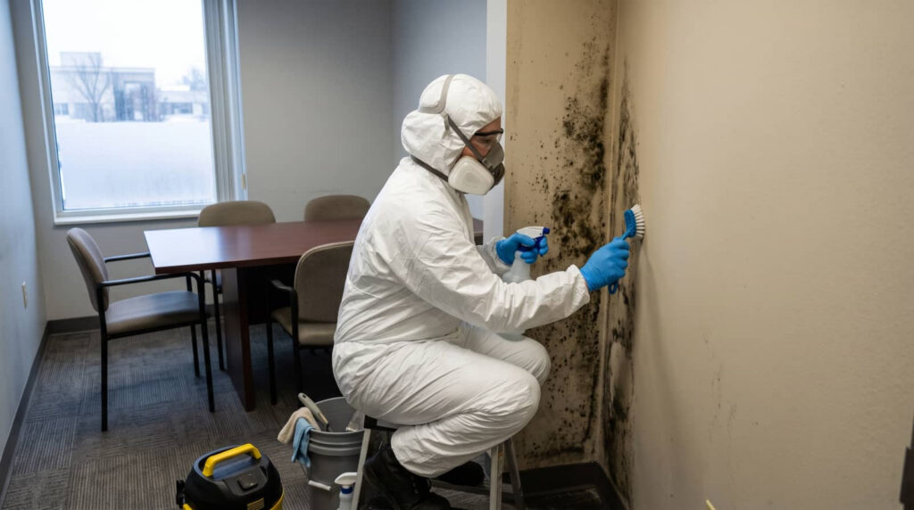Worker in protective gear cleaning mold from an office wall.