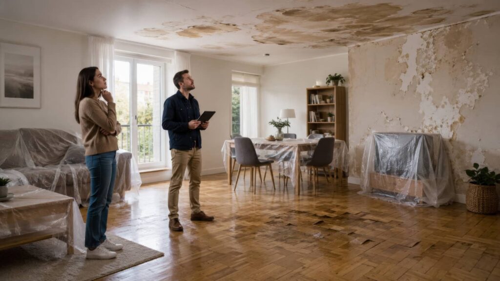 Couple inspecting severe water damage in a living room.