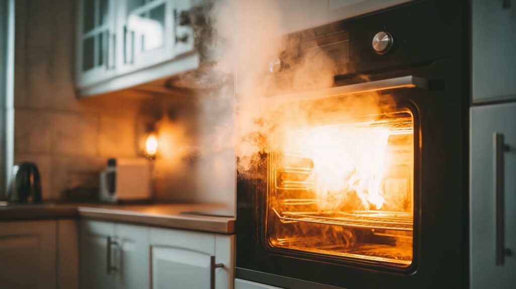 Fire blazing inside an oven with smoke billowing out in a kitchen.