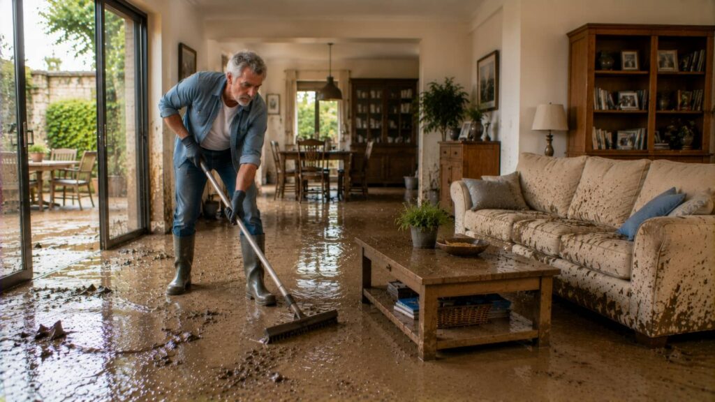 Man cleaning mud and floodwater from a flooded living room.
