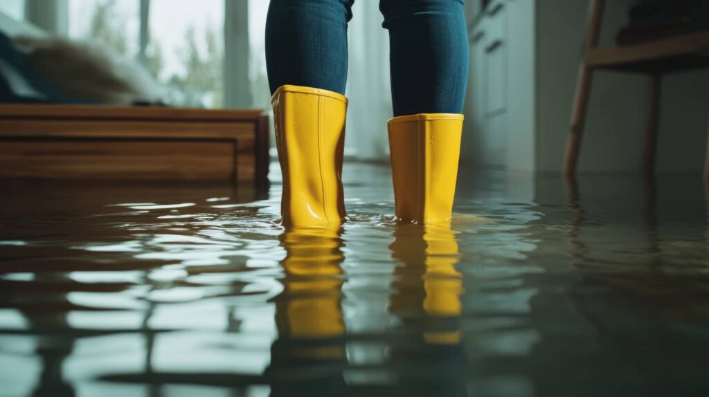 Yellow rain boots standing in flooded indoor water.