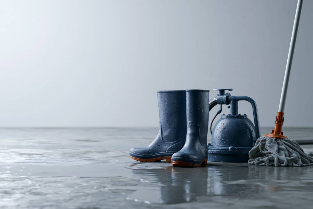 Rain boots, mop, and floor pump on a wet floor.