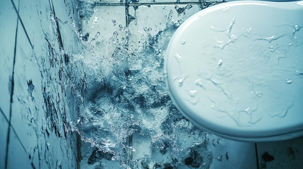 Water splashing against a tiled wall next to a closed toilet seat.