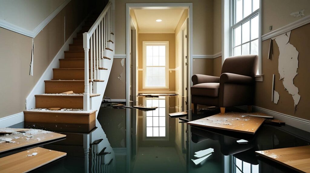 Flooded interior hallway with damaged walls, floating debris, and an armchair.