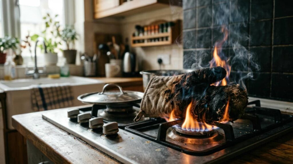 Burnt oven mitt on a gas stove burner with flames and smoke in a kitchen.