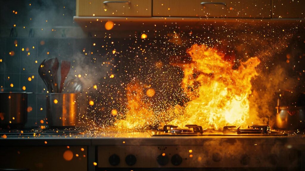 Flames and sparks erupt from a gas stove in a kitchen.