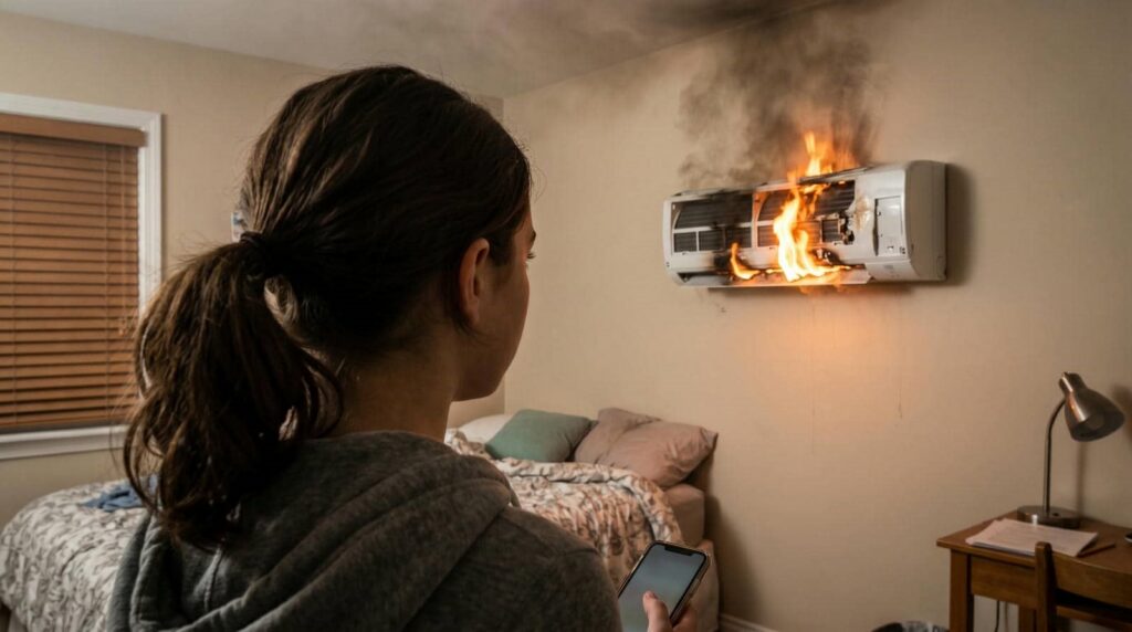 Person holding a phone watches a wall-mounted air conditioner on fire inside a bedroom.