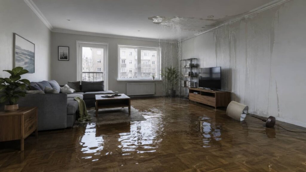 Flooded living room with water pouring from the ceiling.
