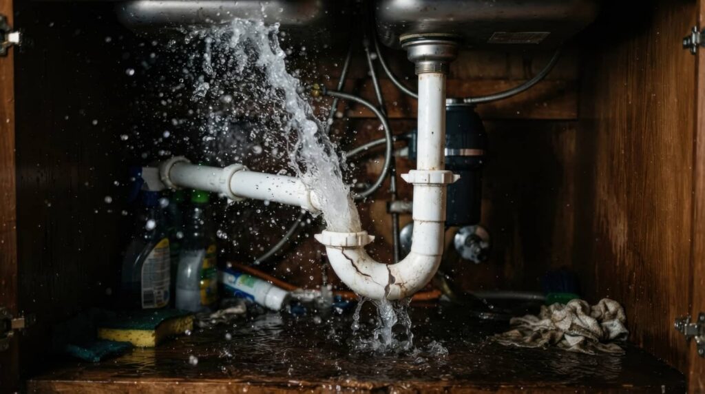 Burst pipe leaking under a kitchen sink.