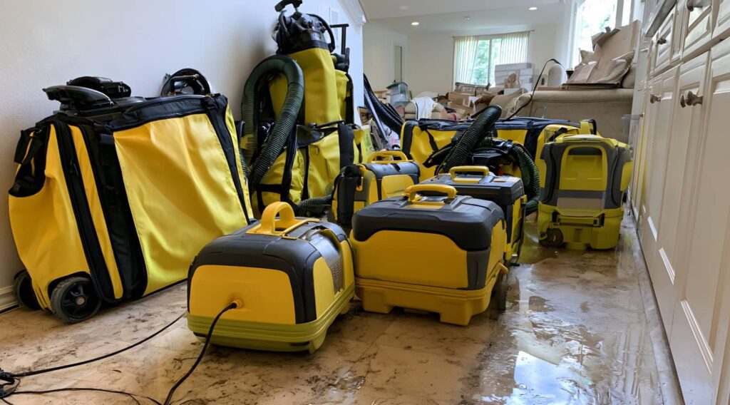Water-damage restoration equipment in a flooded hallway.