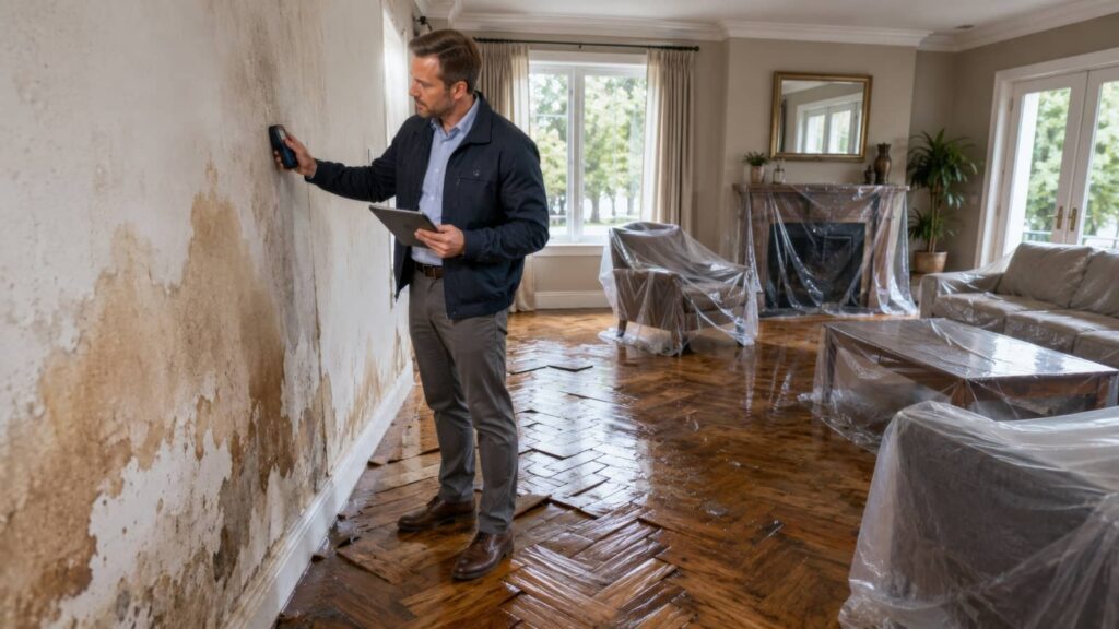 Man inspecting water-damaged wall in a flooded living room.