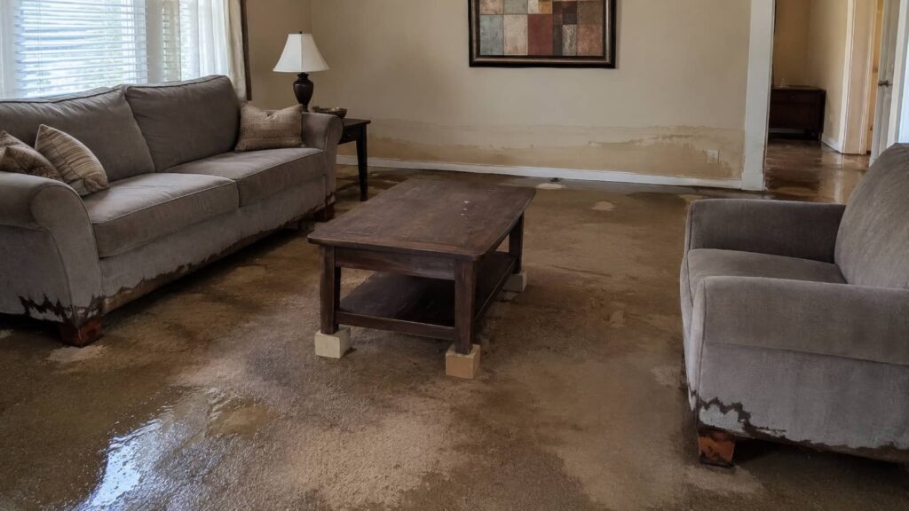 Flooded living room with soaked carpet and damaged sofas.