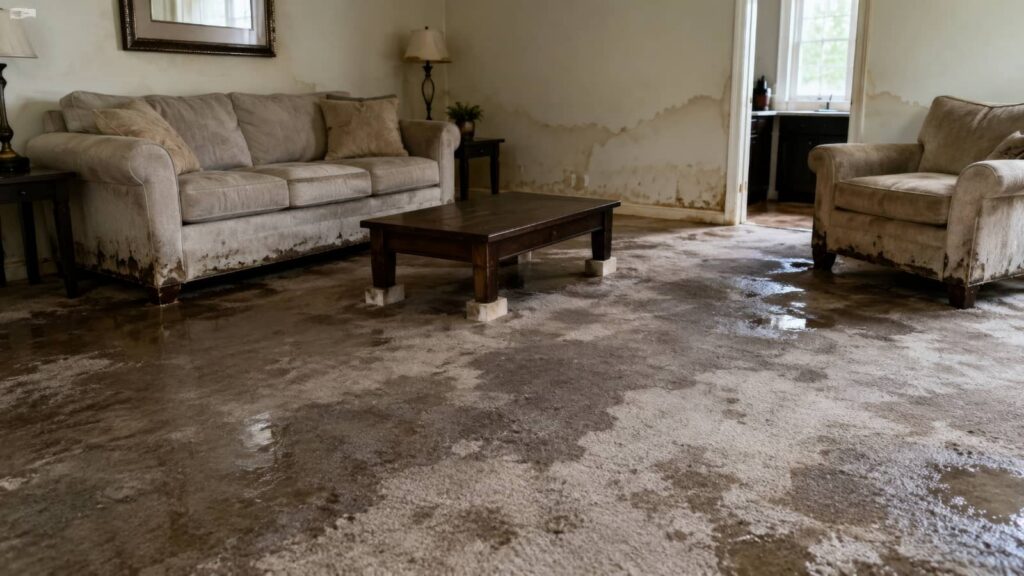 Flood-damaged living room with wet carpet and moldy furniture.