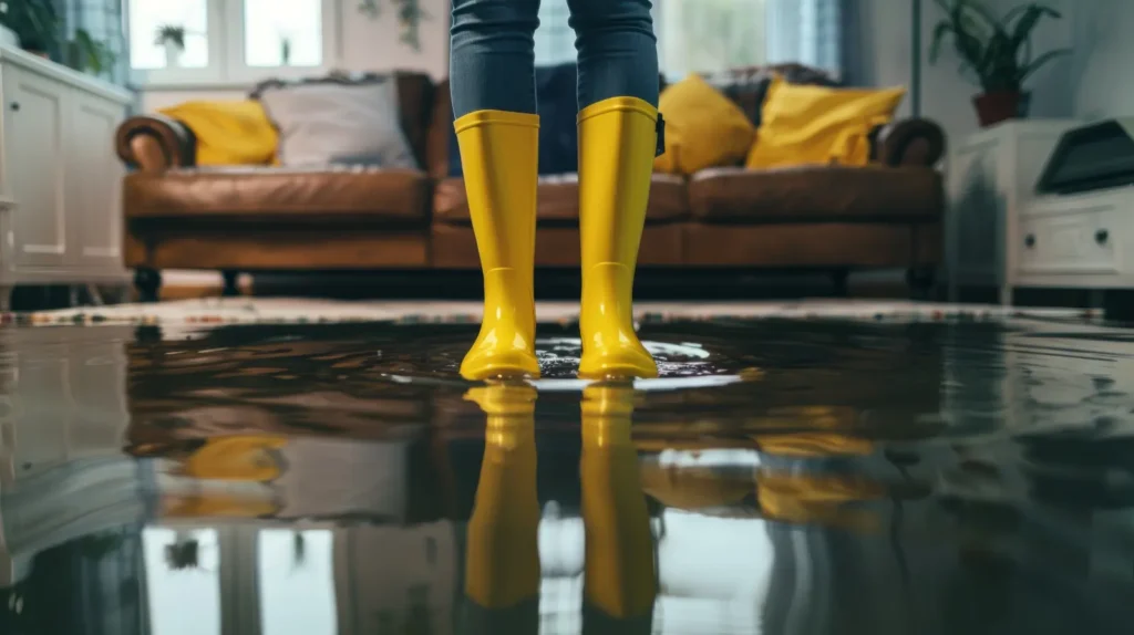 Person wearing yellow rain boots standing in a flooded living room with a brown couch in the background.