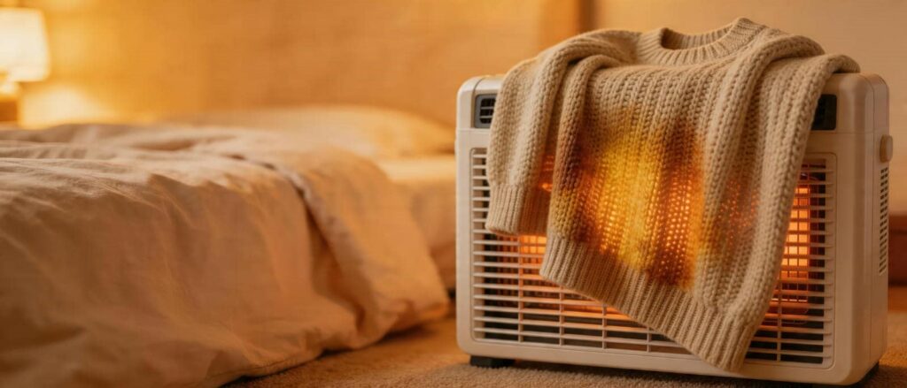 A beige sweater drying on a space heater next to a bed in a warmly lit room.