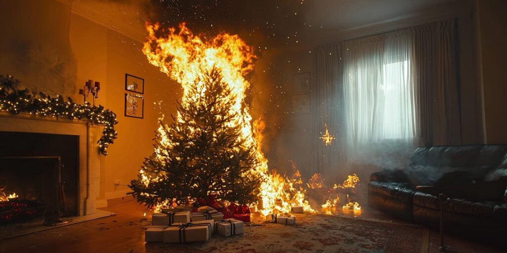 Christmas tree engulfed in flames inside a living room with presents nearby.