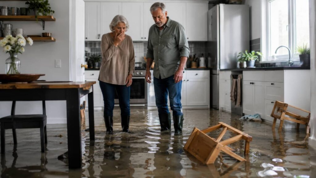 Elderly couple standing in a flooded kitchen, looking shocked.