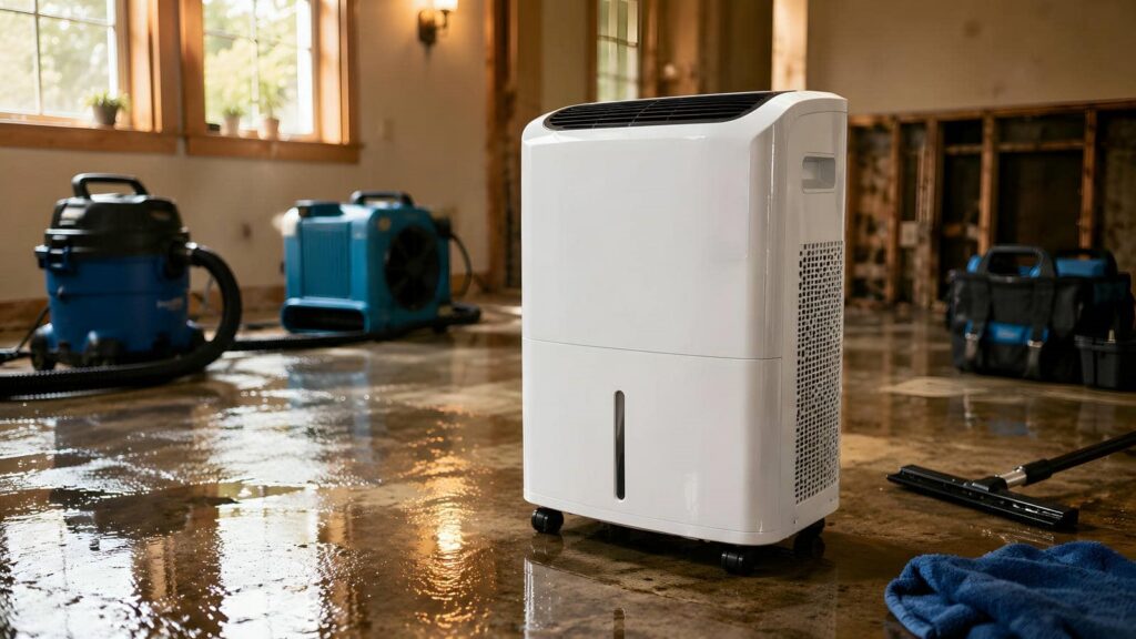 White dehumidifier on a wet floor in a room with water damage restoration equipment.