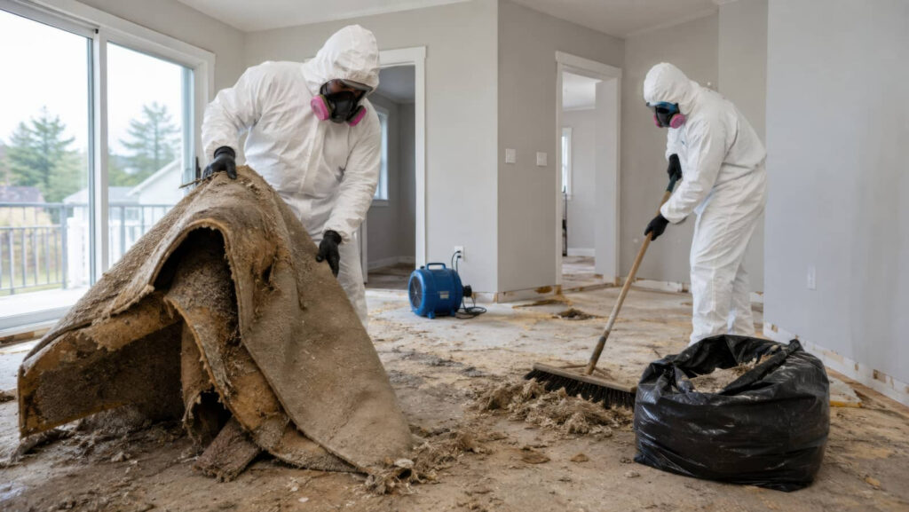 Workers in hazmat suits removing moldy carpet from a room.