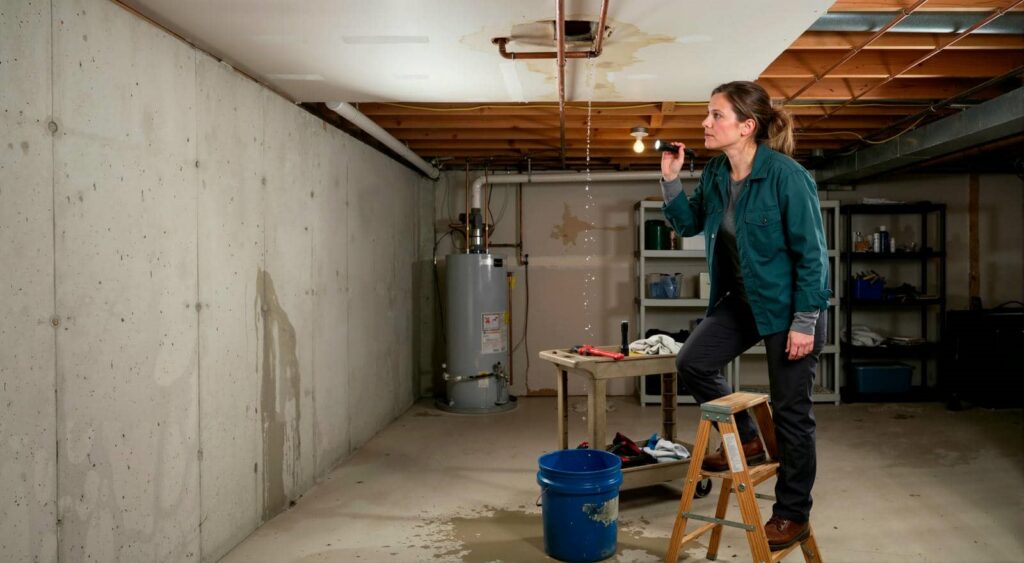 Woman on a ladder inspecting a leaking pipe in a basement with a bucket catching water.