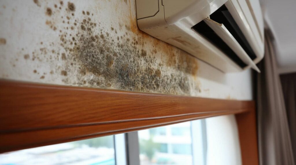 Black mold growth on a wall beneath a white air conditioner unit.