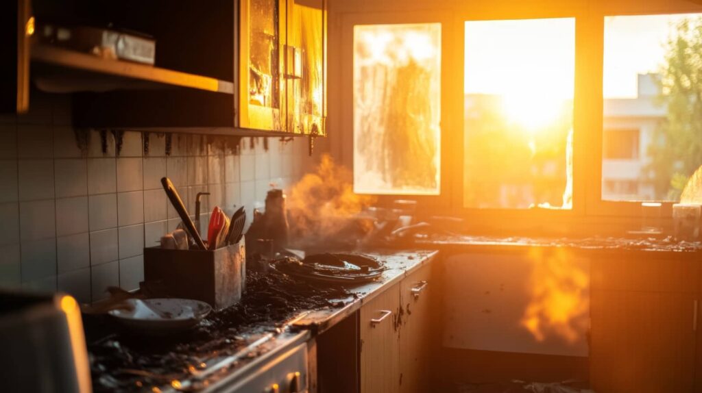 Burned kitchen with smoke and sunlight through the windows.
