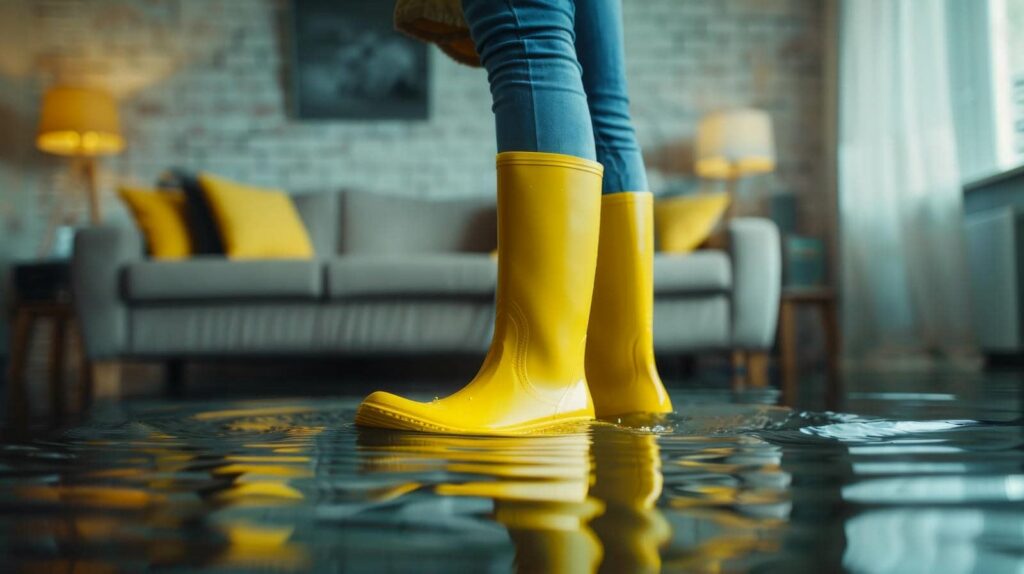 Person wearing yellow rain boots standing in a flooded living room with water on the floor.