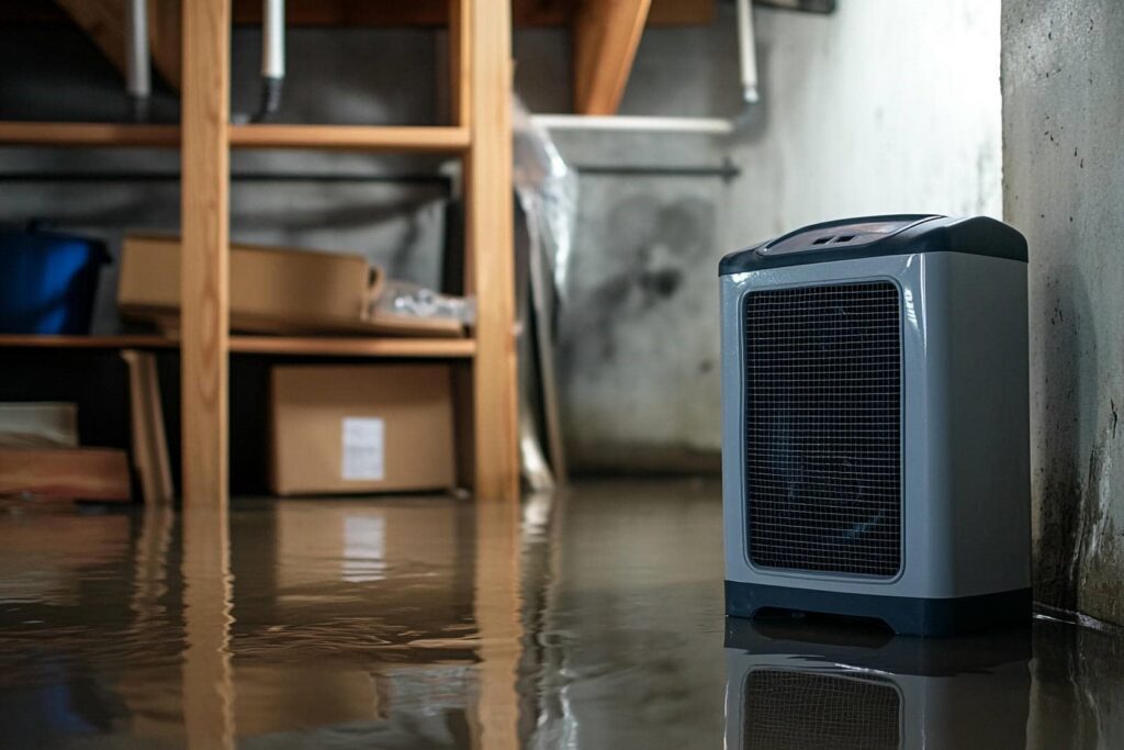 A water extractor standing on a flooded basement floor with water reflecting shelves and boxes.