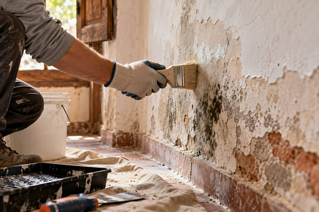 Person painting a peeling wall with a brush.