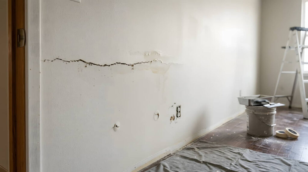 Cracked interior wall during home renovation with paint supplies and ladder.