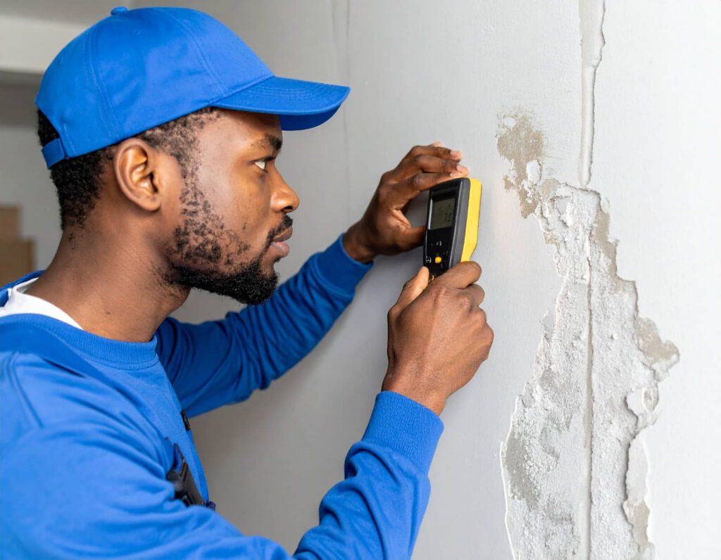 Worker using a moisture meter on a damaged wall.