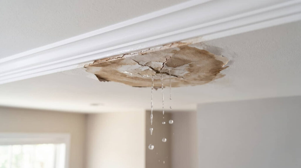 Water leaking through a damaged ceiling.