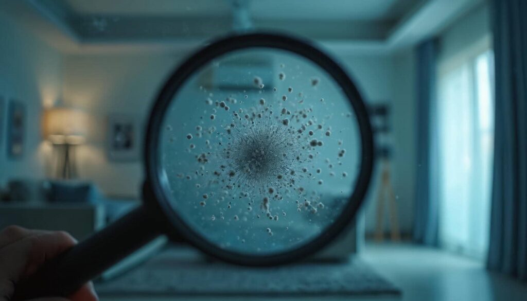 Magnified view of mold spores on a glass surface in a dimly lit room.