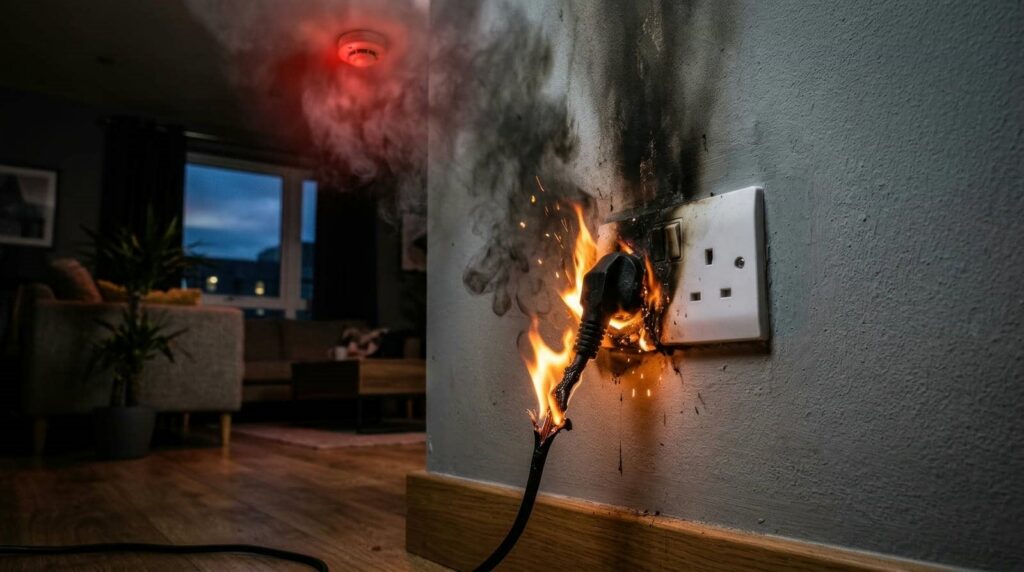 Electrical outlet with a burning plug and smoke, triggering a red fire alarm in a living room.