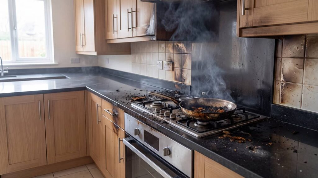 Burnt pan smoking on a damaged kitchen stove.